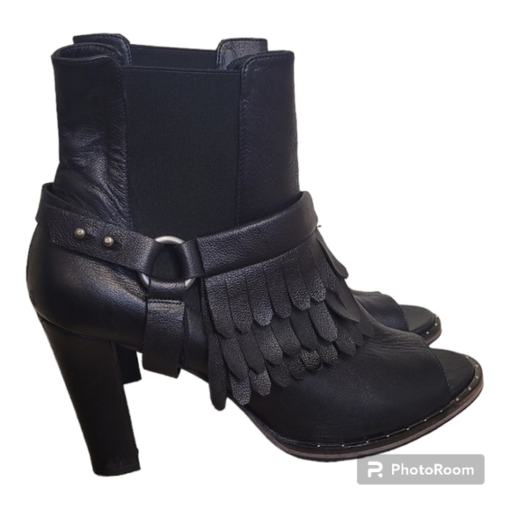 Freda salvador BLACK LEATHER HARNESS FRINGES OPEN TOE ANKLE BOOTS WOMEN’…